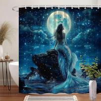 Ethereal Mermaid Under Full Moon Shower Curtain - Shimmering Turquoise Tail, Starry Night & Ocean Waves, Dreamy Fantasy Art (as the picture,W90xH180cm)