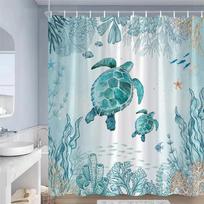 Ocean Animals Shower Curta Sea Turtles Starfish Coral Seaweed Underwater Scenery Polyester Bathroom Curtain Decor with Hooks (as the picture,90x180cm-35x70in)