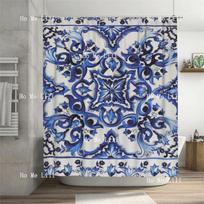 Mediterranean Tiles Navy Blue And White Pattern Fabric Shower Curtain Bathroom Decor (as the picture,90x180cm35x71in)