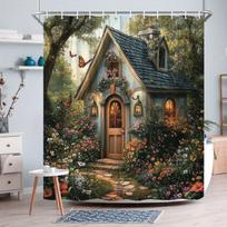 Enchanted Cottage 3D Shower Curtain - Fairy Tale House & Garden Theme for Bathroom Decor, Adds Whimsical Charm and Beauty (as the picture,W90XH180cm)