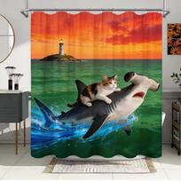 Unique Cat Riding Shark Shower Curtain - Waterproof, Mildew-Resistant with Ocean Adventure Design for a Quirky and Fun Bathroom (as the picture,90X180cm(35x70in))