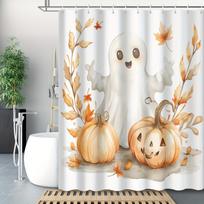 Festive Halloween Shower Curtain - Cute Cartoon Ghost, Jack-o'-Lantern & Fall Leaves, Waterproof Design,All-Season Bath Decor (as the picture,W90xH180cm)