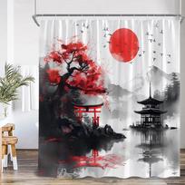 Samurai Geisha Japanese Style Ink Painting Shower Curtain Japan Shrine Red Sun Mountain River Pink Cherry Blossom Bath Curtain (as the picture,90x180cm-35x70in)