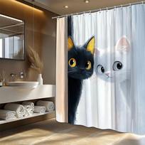 1pc Playful Cartoon Cat Shower Curtain - Black and White Peeking Cats Design with Pastel Background (as the picture,90X180CM)