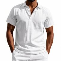 Men's Linen Blend Polo Shirt, Short Sleeve Casual Button-Down Shirt For Summer S