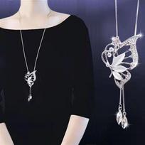 Women's High-End Light Luxury Butterfly Tassel Cross Necklace - Versatile Long Sweater Chain, European & American Autumn/Winter Accessory.