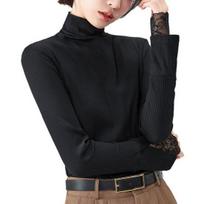 Women Bottoming Tops Slim Fit High Collar Long Sleeve Shirt with Slit Lace Cuffs Solid Color Jumper Tops M