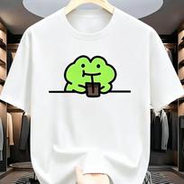 Cute Drinking Coffee Frog T-Shirt Funny Minimalist Frog Meme Tee Casual Crewneck Short Sleeve Top S