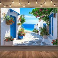 1pc Greek Island Coastal Landscape Background - Vibrant Flowers, Blue Portal, and Sea View Fabric 180X110
