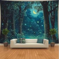 2D Magical Night Forest Wall Hanging - Glowing Fireflies Background Cloth 47.2x31.5inch/120*80cm