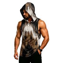 Men’s Sleeveless Hooded Tank Top Gym Muscle Fit Lightweight Quick Dry Breathable Sports Vest with Printed Pattern S
