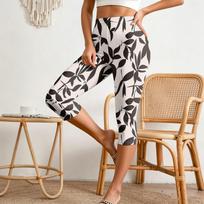 Women's Elastic Waist Casual Capri Pants Slim Fit Cropped Leggings with Side Slits and Leaf Print Pattern Comfortable Stretch Fabric M