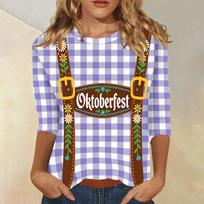 Women Casual Three Quarter Sleeve Oktoberfest Print Round Neck Top Lightweight Soft Fabric Festival Shirt XXL violetinė