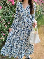 French Slim Dress Long Sleeve Spring Autumn Waist Long Dress Super Fairy Mori Style Floral Dress Vintage Long Dress M