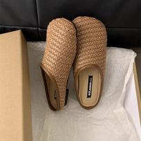 fashion Bailamos Summer Women Slippers Simple Weave Flat Shoes Ladies Mules Square Toe Half Slippers Casual Outside Slides Beach Sandals 35 ruda