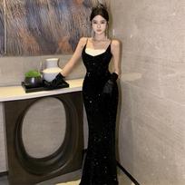 New Celebrity Velvet Sequins Backless Slim Dress Dress Women S