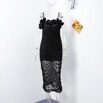 Ruffled Pleated Slip Dress Women Tight Slim Wrap Hip Long Dresses Sexy Backless Strap Robes Summer New Fashion XS
