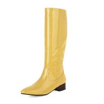 Fashion Autumn Winter Woman Boots Square Heel Knee-High Pointed Toe Patent leather Boots Comfortable Low Heel Party Dress Dance Shoes 34 geltona