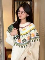Unisex Fair Isle Round Neck Pullover: Autumn/Winter Cozy & Loose Knitwear S abrikosas