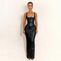 European & American Spicy Style Slim Low-Cut Leather Dress, Waist-Cinched, Hip-Hugging, U-Neck, Open-Back, Long, Sexy & Fashionable Small