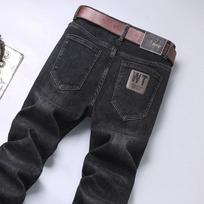 Hong Kong High-End Black and Gray Fleece Padded Jeans Men's Slim Fit Skinny Pants Stretch Autumn and Winter Fashion Brand Casual Pants Men 28 pilka spalva