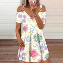 Women's V Neck Short Sleeve Printed Zip Off-shoulder Dress Casual Dress Commuting Dress XL geltona