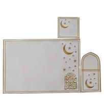 3pcs Modern White Eid Al-Fitr Table Mat Smooth Star Moon Dish Pad Polyester Party Supply Embroidered Placemats Table Decoration (White,L)