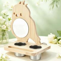 Wooden Platform Bird Mirror Feeder Stainless Steel Dish Removable Parrot Feeder Bowl Double Cup with Mirror Parrot Food Cup