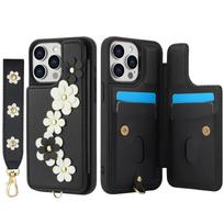 For iPhone 16 15 14 Pro Max Plus Case, Wallet with Card Holder, Cute Flower Design Crossbody Purse, Magnetic Kickstand Cover For iPhone 14 Plus
