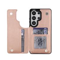 For Samsung Galaxy S26 Ultra/S26 Plus/S26 Wallet Case With Card Holder, PU Faux Leather Kickstand Case, Double Magnetic Clasp For Galaxy S26 rožinio aukso spalvos