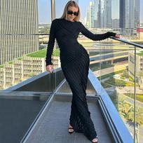 Autumn Women's Long-sleeved Skirt Fashion Temperament Slim Long Skirt Round Neck Dress Woman S
