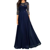 Stitching Lace Hollow Women Dress Pleated Large Hem O Neck 3/4 Sleeve A-Line Long Dress Ladies Clothing XL