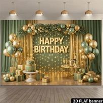 2D Greenery and Gold Balloon Birthday Backdrop Photography Background 47.2x31.5inch/120*80cm