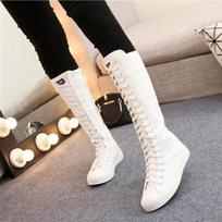 Women Punk Style Flat Knee High Canvas Boots Lace Up Side Zipper Tall Motorcycle Boots Autumn Casual Ladies Footwear 34 balta