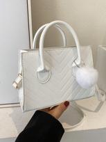 Chevr Detail Pompom Decor Square Bag balta