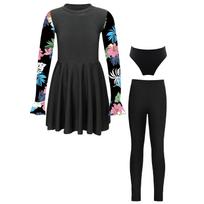 Kids Swimsuit 3 Pieces Floral Print Underwear and Stretchy Pants with Long Sleeve Flare Hem Round Neck Dress for Vacation 7-8 Years