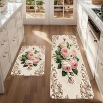 Rose Flower Bouquet Kitchen Rug Set 2D Flat Print Non-Slip Pink Swirls Vintage Romantic Floor Mat for Bedroom Bathroom Decor 40x60cm