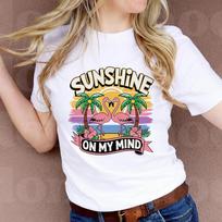 Sunshine On My Mind Flamingo Print Women T Shirt Short Sleeve Crew Neck Tropical Graphic Tees S