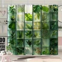 1pc Green Plant Glass-Block Shower Curtain – Fresh Natural Style, Polyester, Washable (as the picture,90x180cm35x71in)