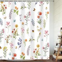 Floral Shower Curta Watercolour Flowers Eucalyptus Leaves Butterfly Dragonfly Plant Polyester Fabric Bathroom Curtain Decor (as the picture,90x180cm-35x70in)