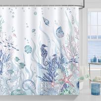 Nautical Shower Curtain Ocean Seahorse Seashell Starfish Coral Beach Bathroom Waterproof with Hooks 90x180