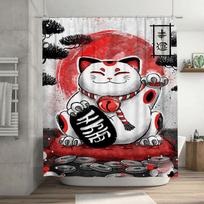 Red Lucky Cat Shower Curtain with Japanese Style Fortune Design Red Black White Bath Decor for Home Decoration Gift Idea (as the picture,90x180cm)