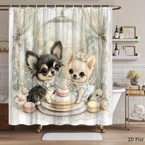 Cute Chihuahua Shower Curtain, Cartoon Dog & Sweets Print, Shabby Chic Animal Bathroom Decor, Waterproof Fabric Panel (as the picture,W90XH180cm)