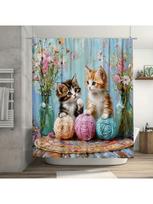 1PC Adorable Kitten Playing with Yarn Shower Curtain, Durable Polyester,Cute Cats & Floral Design, for Bathroom & Window Decor (as the picture,W90xH180cm)