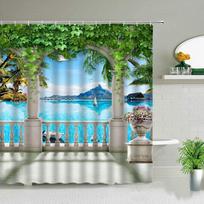 Ocean Scenery Shower Curta Ldyllic Building Flower Plant Spring Landscape Bathroom Curtain Waterproof Fabric Bathtub Screen (as the picture,35x70in-90x180cm)