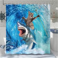 Funny Cat Shower Curtain, Riding Shark Ocean Theme Hilarious Cool Fun Blue Ocean Wave Animal Nautical Whale Boys Bathroom Decor (as the picture,W90XH180)