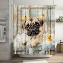 Cute Pug Dog in Bathtub Shower Curtain - Rubber Ducks, Bubble Foam & Whimsical Pet Art for Fun Bathroom Decor (as the picture,90X180cm)