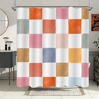 Colorful Checkered Shower Curtain – Painted-Style Squares on White, Polyester, 12 Hooks, Machine Washable, 180x180cm71x71in (as the picture,90x180cm35x71in)