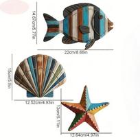 Colorful Wooden Sea Animal Wall Decor 3pcs Set Fish  Starfish Art for Kids Room Bathroom Nautical Theme
