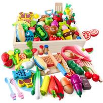 Button Moon Play Kitchen Set, Wooden Toy, Montessori Style, 46 Pieces, Food Sanitation Law Tested, Cutting Play, Large Wooden Box Included, Meat,